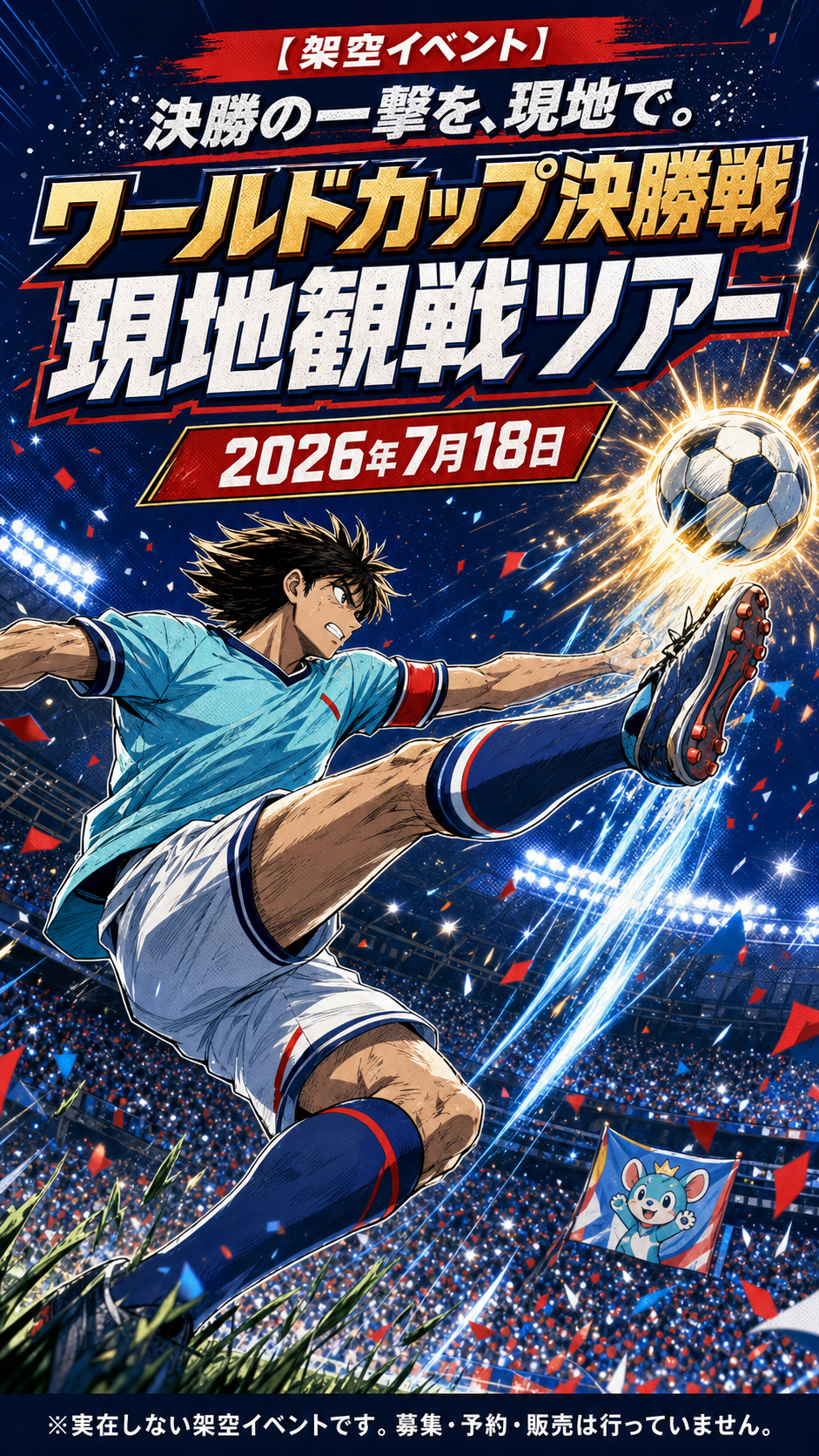 水色のユニフォームを着た選手がサイドボレーシュートを放つ架空イベントのメインビジュアル