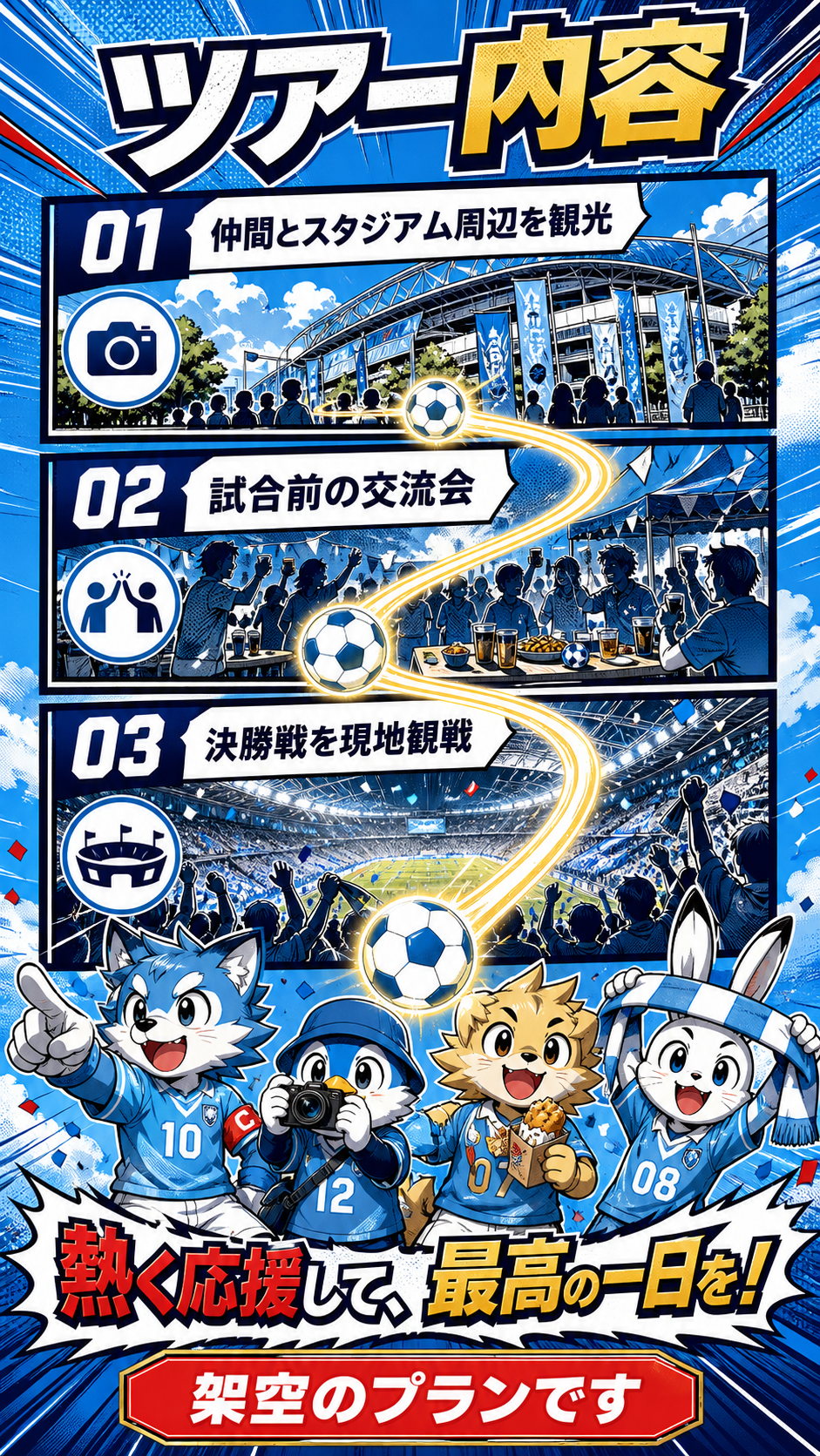 観光、交流会、決勝戦観戦の3つの架空プランを紹介する画像